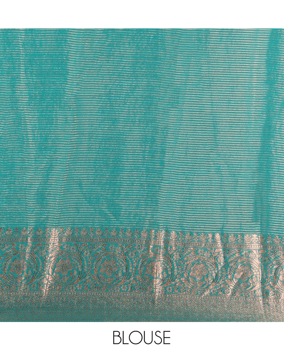 Green Chiffon Saree, Richly Woven with Ikat-Style Weave and Stonework, a Traditional Border, a Floral Design Pallu, and a Matching Blouse