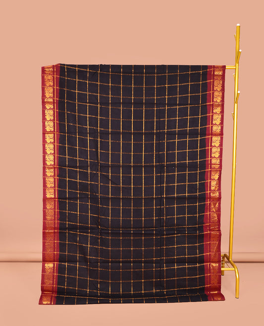 Black Sungudi Cotton Saree, Gleamed up with Zari Checks on Its Body, Complemented by a Contrast Peacock Motifs Woven Zari Border, Zari-Checked Pallu, and Paired with a Contrast Blouse