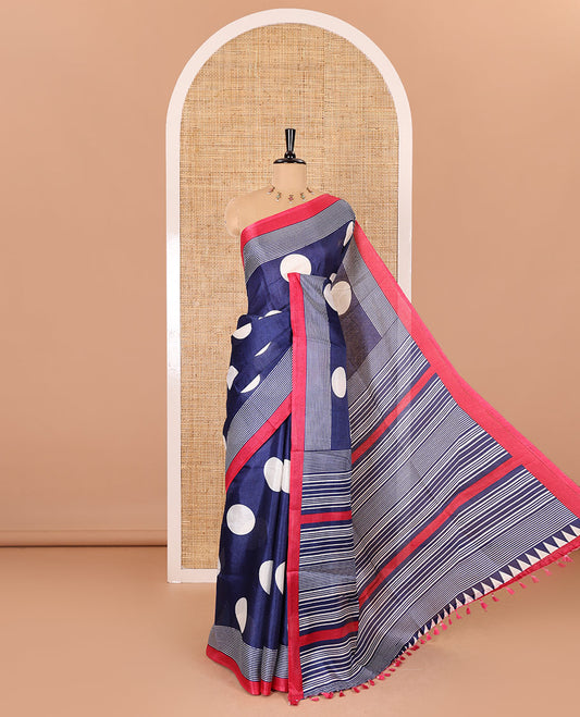 Blue polka dots printed art khadi cotton saree, contrast striped border, striped pallu, and a contrast striped blouse