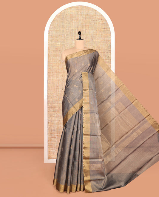Grey Silk Cotton Saree, Woven with Buttas, a Subtle Bavanji Border, Pallu of Intricate Designs, and Matching Blouse