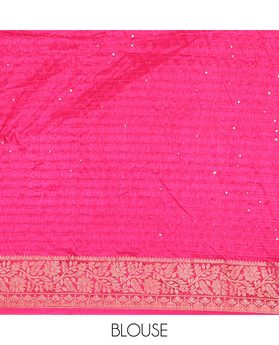 Pink Dola Silk Saree Featuring Sequin Stripes and Pichwai Cow Motifs, Decorated with a Floral Creeper Zari-Woven Border, a Printed Pallu, Paired with a Matching Blouse