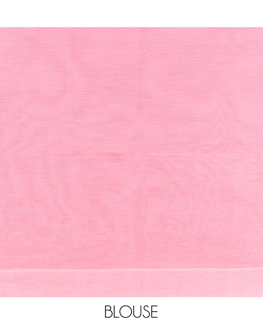 Pink Coimbatore Cotton Saree, Sparsely Woven with Geometric Design on Its Body, a Subtle Diamond Border, Pallu of Ogee Design, and Paired with Matching Blouse
