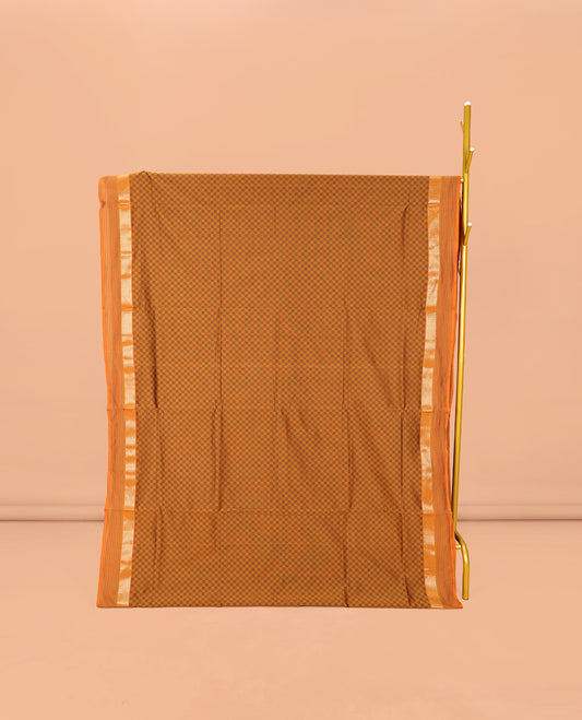 Brown Checked Poly Cotton Saree, Complemented by a Contrast Zari Border, Contrast Striped Pallu, and Paired with a Contrast Blouse