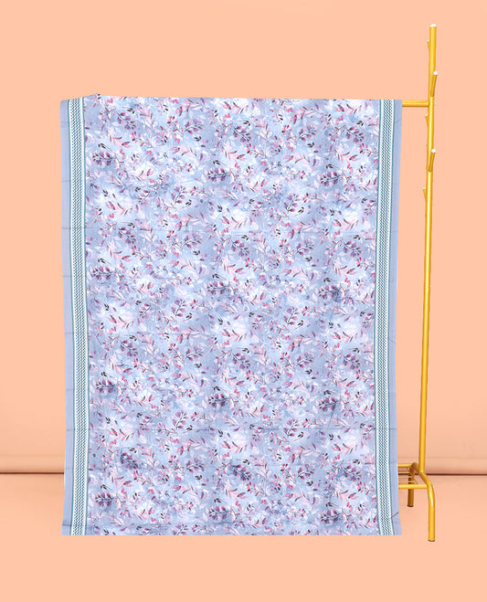 Blue Mul Mul Cotton Saree, Bedecked with Floral Print, a Subtle Chevron Border,  Pallu of Floral-Geometric Print, and a Matching Blouse