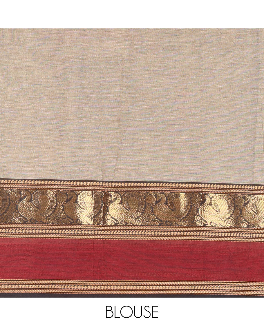 Beige plain Chettinad cotton saree, contrast rettai pettu peacock motifs border, striped pallu, and a matching blouse