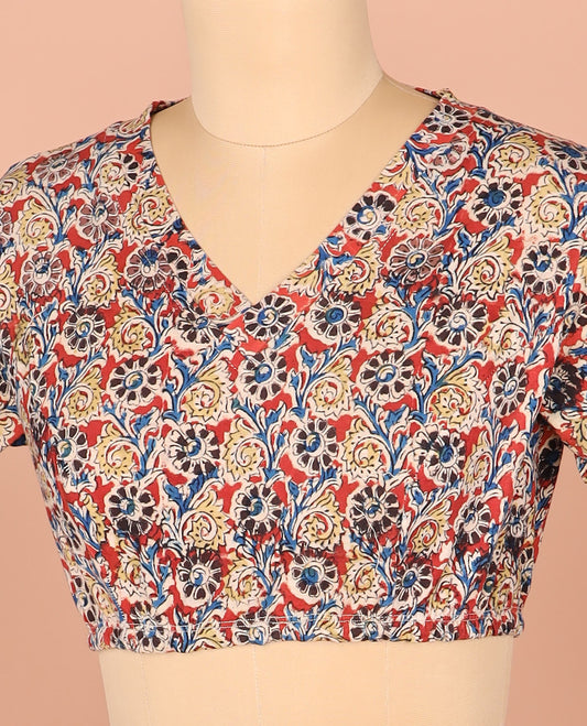 Red Base Readymade Blouse Intricately Printed with Kalamkari Floral Vine Print, Featuring Front V-Neck, Back Closed Neck, and Full Sleeves