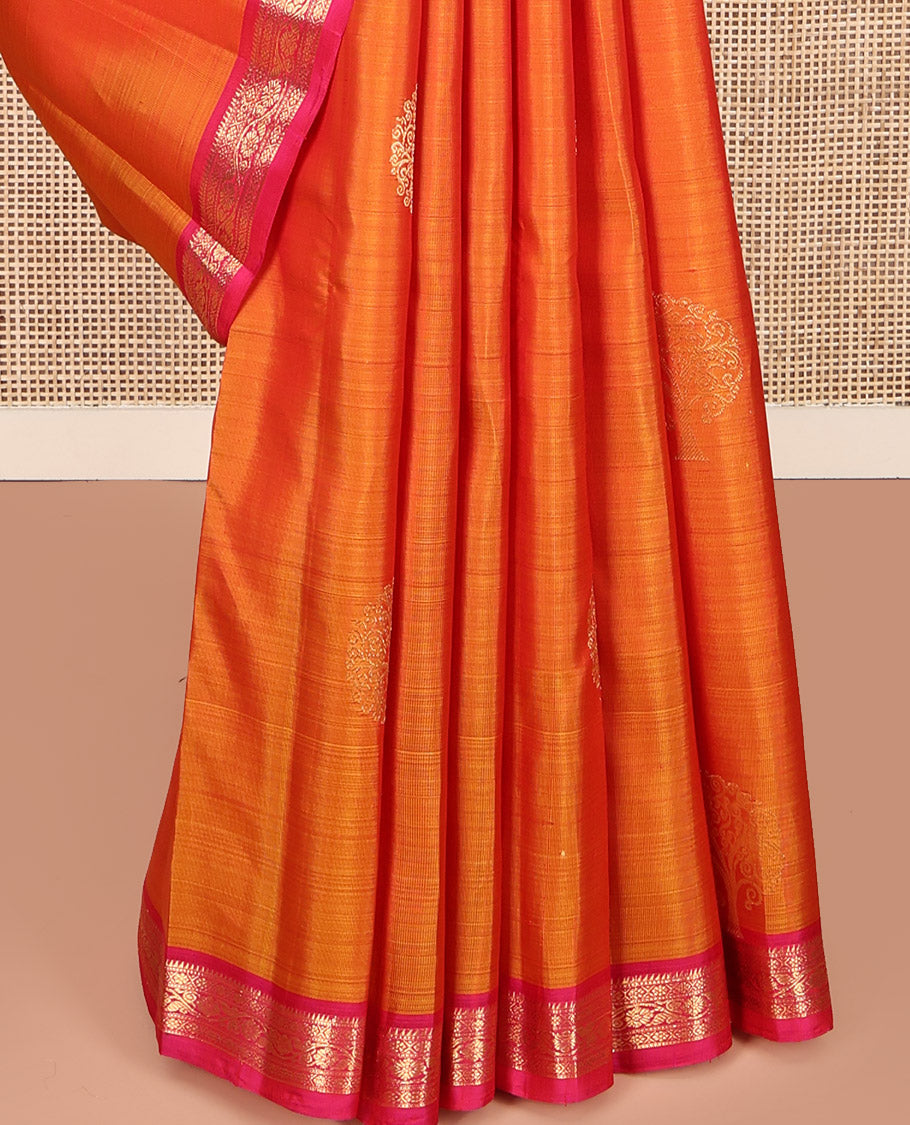 Orange Kanchipuram Silk Saree, Spotlighted with Tree Zari Buttas All Over Its Body, Complemented by a Contrast Border of Rekku, Cross Kamalam, and Kodi Visiry Designs, Intricately Designed Pallu, and Paired with a Contrast Blouse