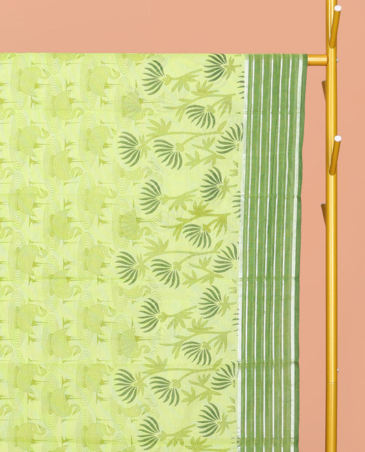 Green Chirala Cotton Saree, Bedecked with Swan and Floral Print, Contrast Striped Border, Floral Printed Pallu, and a Matching Blouse