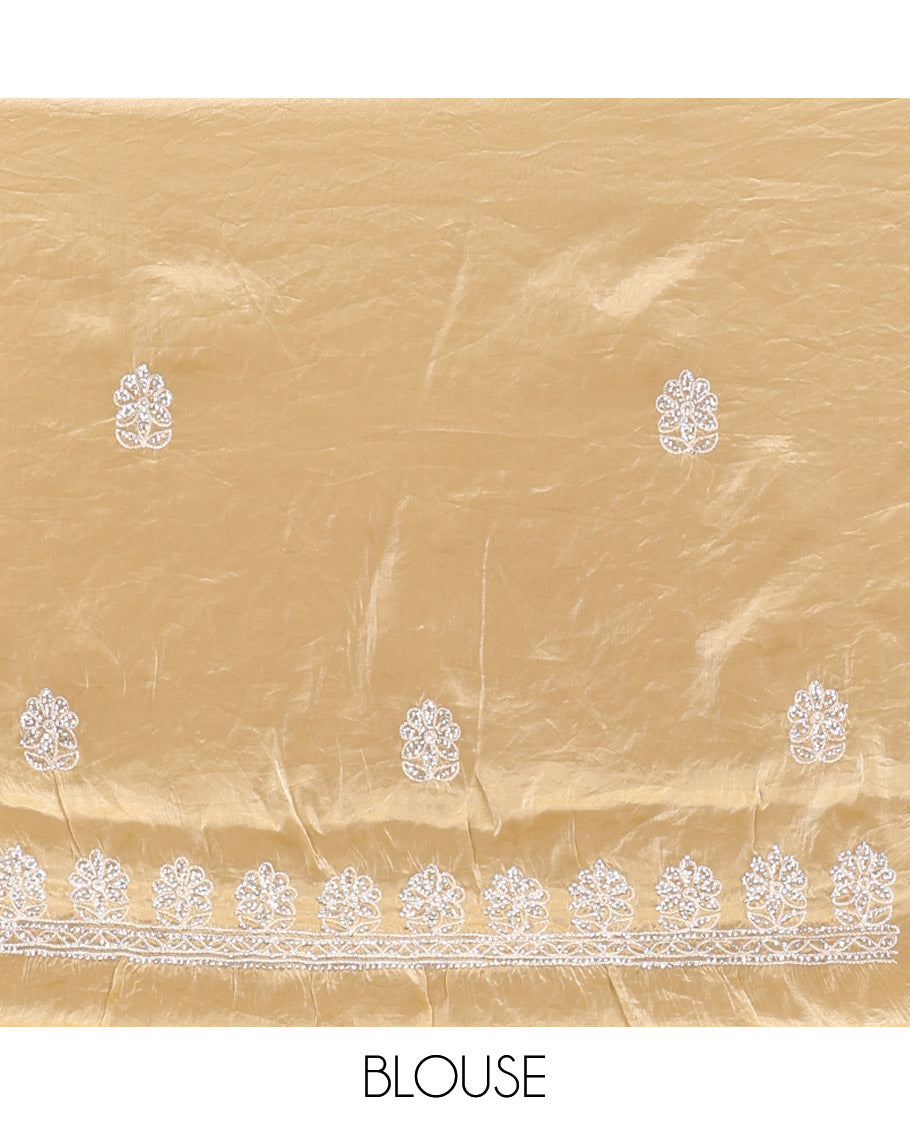 Champagne Gold Designer Saree, Gleamed up with Floral Vine Stone Embroidery, a Stone Embroidered Border, and a Matching Blouse