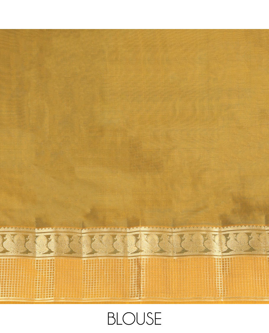 Green Plain Vasundhara Lite Silk Mix Saree, a Contrast Checked Border of Mayil Designs, Grand Pallu, and a Contrast Blouse