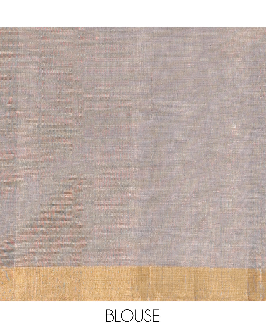 Grey Silk Cotton Saree, Woven with Buttas, a Subtle Bavanji Border, Pallu of Intricate Designs, and Matching Blouse