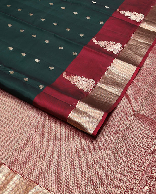 Green zari buttas vasundhara silkmix saree,contrast border of floral,rekku,muthu,banaras & mayil kann & grand mayil kann design pallu