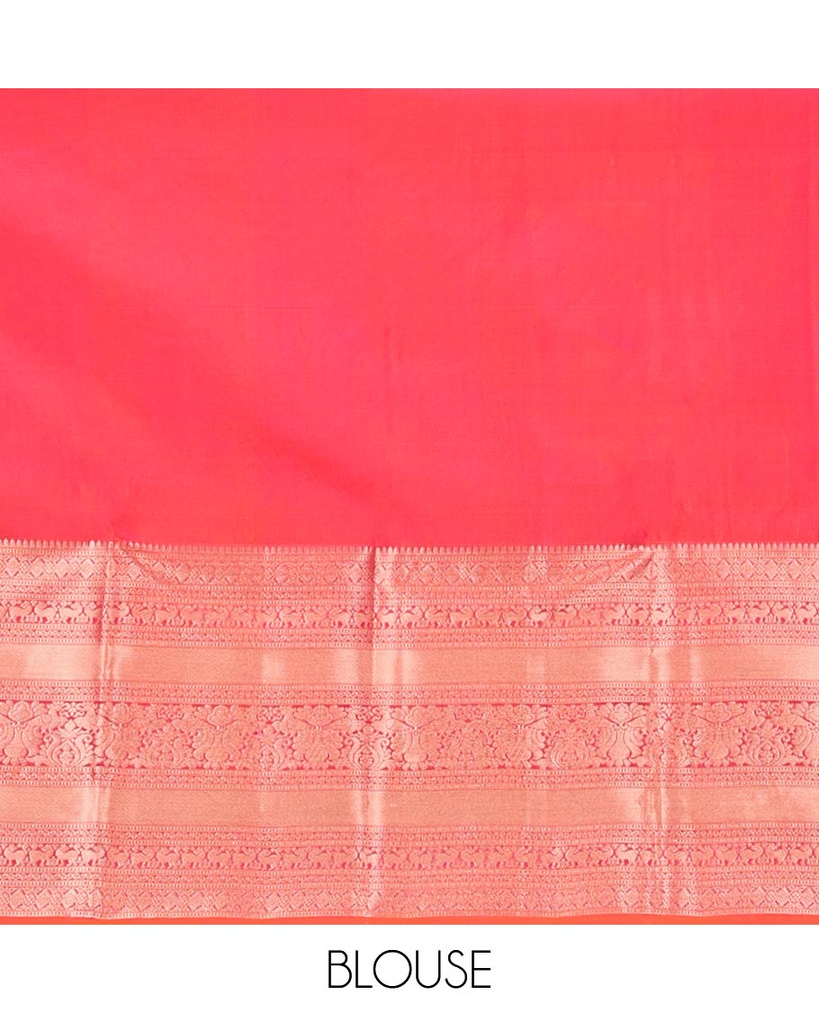 Red Kanchipuram Wedding Silk Saree, Beautified with Jacquard on Its Body, Highlighted by a Traditional Zari Border of Mayil Designs, Meticulously Pallu of Yaali Designs, and Paired with a Matching Blouse