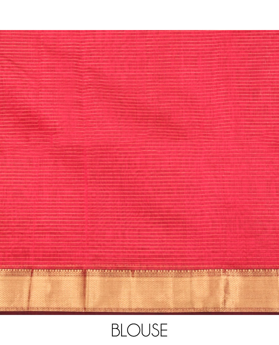 Red Maheshwari Cotton Saree, Enriched with Micro-Checked Design All Over Its Body, Highlighted by Traditional Zari Border, Pallu Steeped with Floral Designs, and Paired with a Matching Blouse