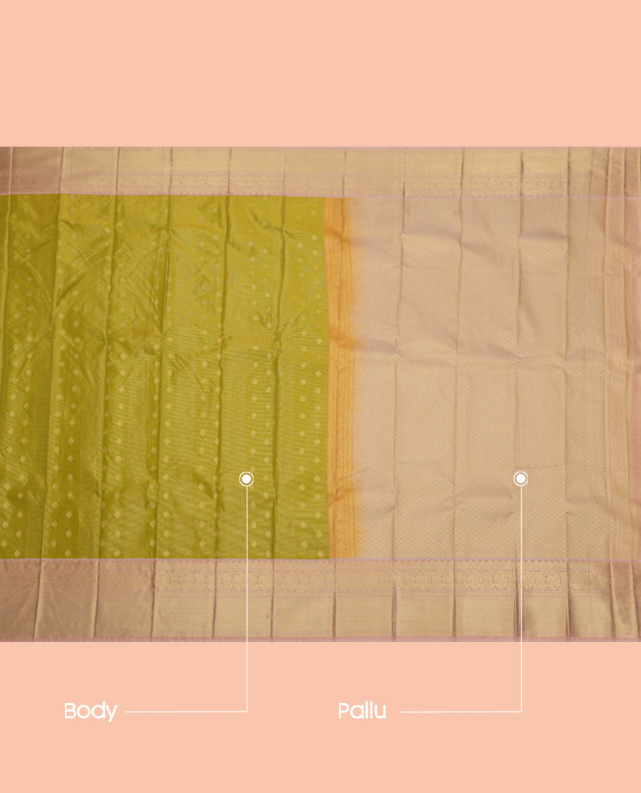 Green Budget Silk Saree, Sparsely Woven with Zari Buttas and Checks, Complemented by Contrast Traditional Zari Border, Grand Pallu, and a Contrast Blouse