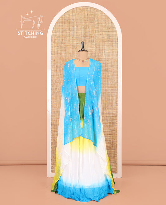 Multi-color Half-Saree, Elevated with an Ombre-Colored Viscose Georgette Skirt, a Plain Blouse, and a Striped Dhavani