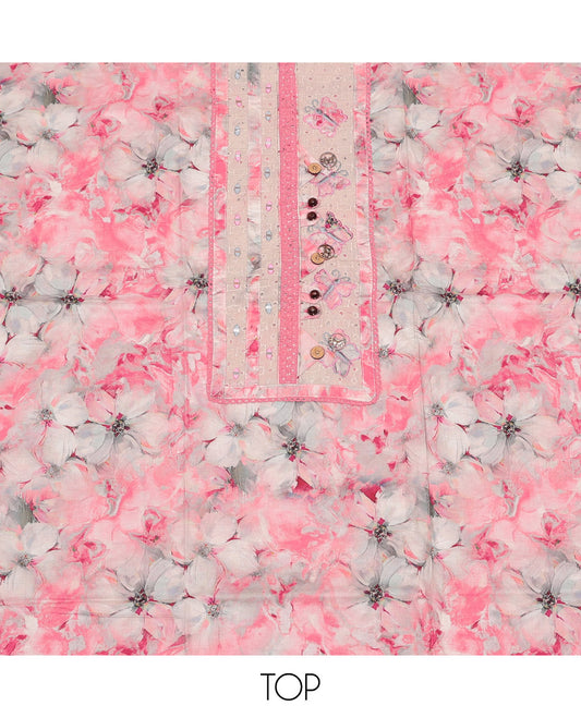 Chikku-Pink Cotton Material Churidar Set Features Floral Print and Neck Patch Top, Contrast Bottom, and Print-Embroidered Dupatta