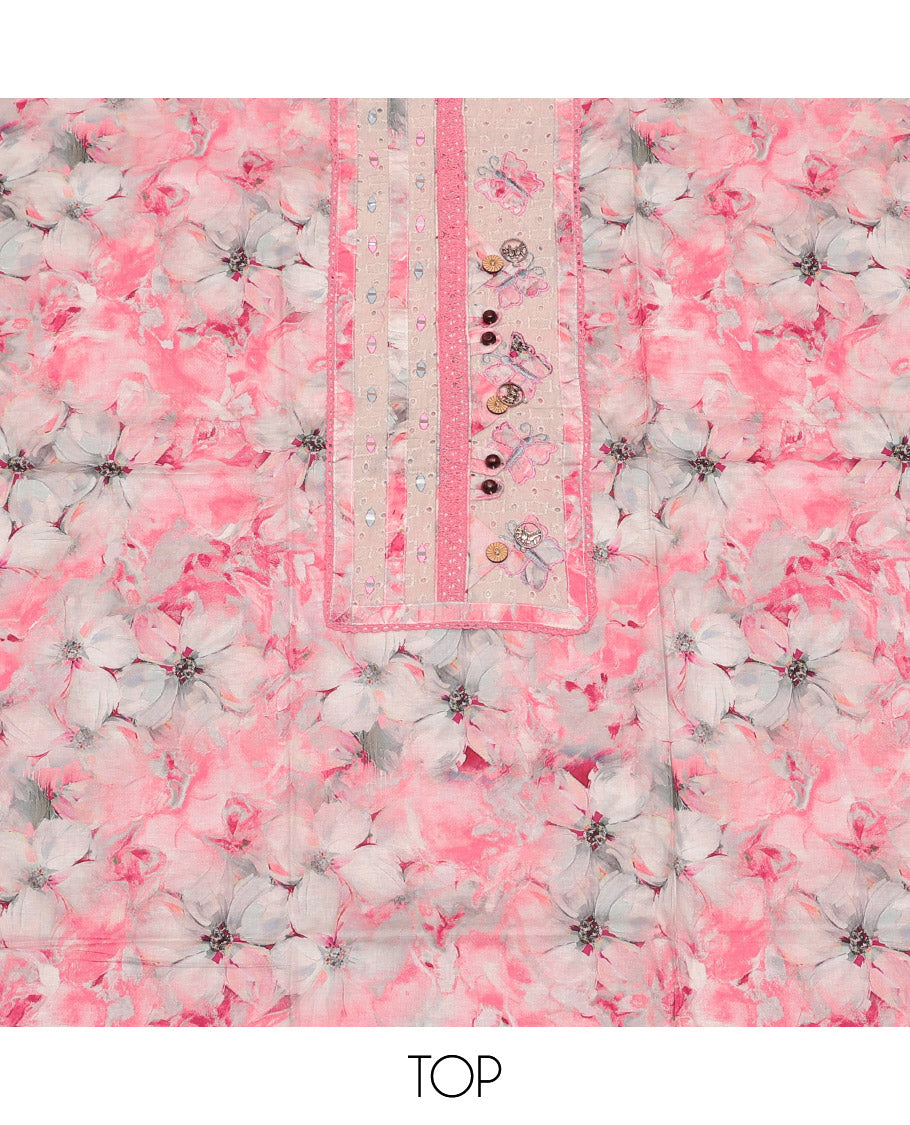 Chikku-Pink Cotton Material Churidar Set Features Floral Print and Neck Patch Top, Contrast Bottom, and Print-Embroidered Dupatta