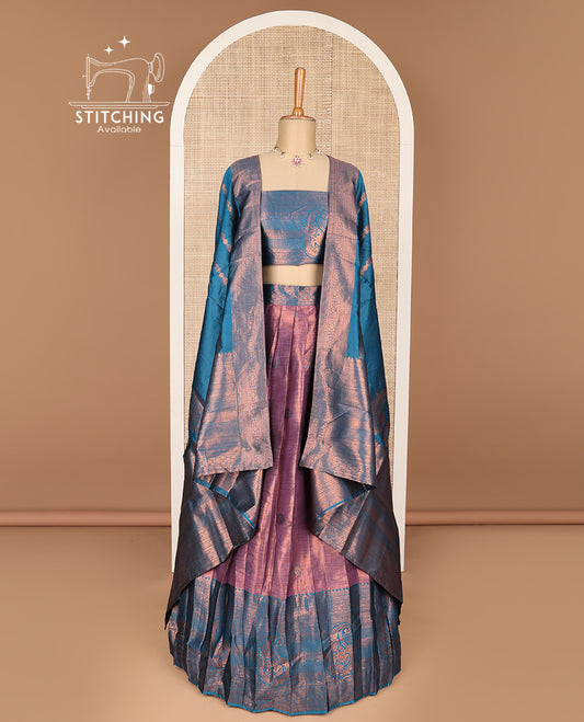 Violet floral design banaras half saree with contrast zari design border , zari design blouse & floral zari design dhavani