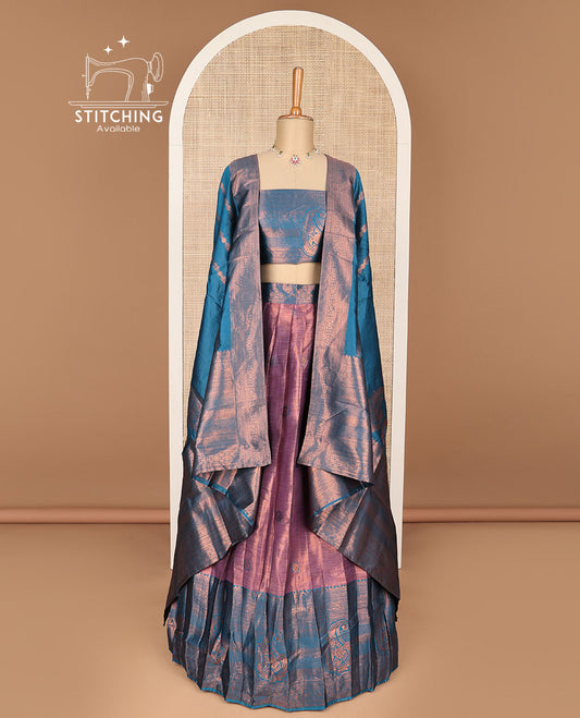 Violet floral design banaras half saree with contrast zari design border , zari design blouse & floral zari design dhavani
