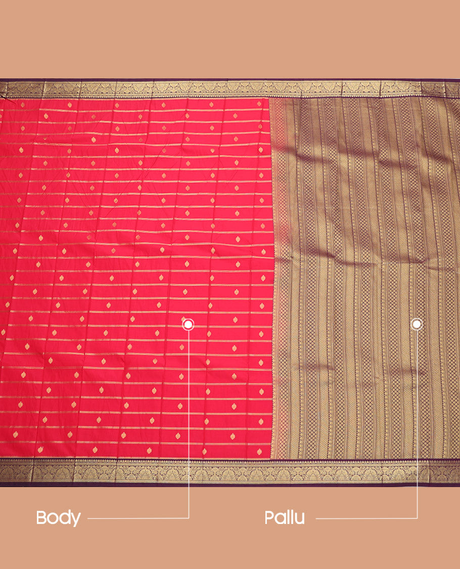 Red Budget Silk Saree, Majestically Detailed with Zari Buttas and Stripes, Complemented by a Contrast Traditional Zari Border, Geometric Pallu, and a Contrast Blouse