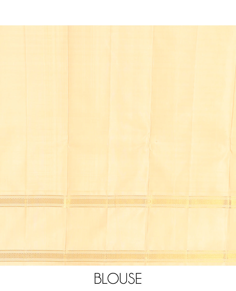 Yellow Checked Kanchipuram Silk Saree, Complemented by a Contrast Border of Muthu, Banaras, and Kuyil Kann Designs, Zari Woven Pallu, and Contrast Blouse