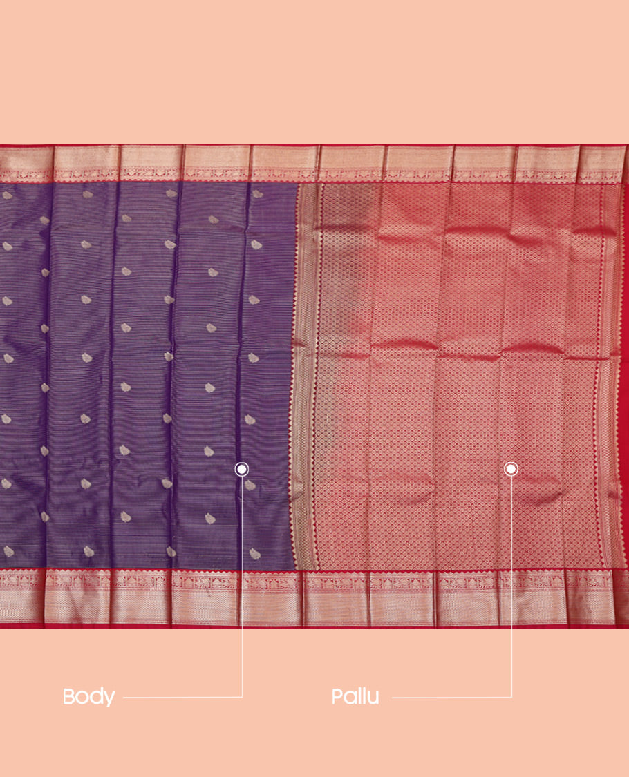 Violet Budget Silk Saree, Crafted with Zari Butta and Stripes, Complemented by a Contrast Traditional Zari Border, Jaal Pallu, and a Contrast Blouse