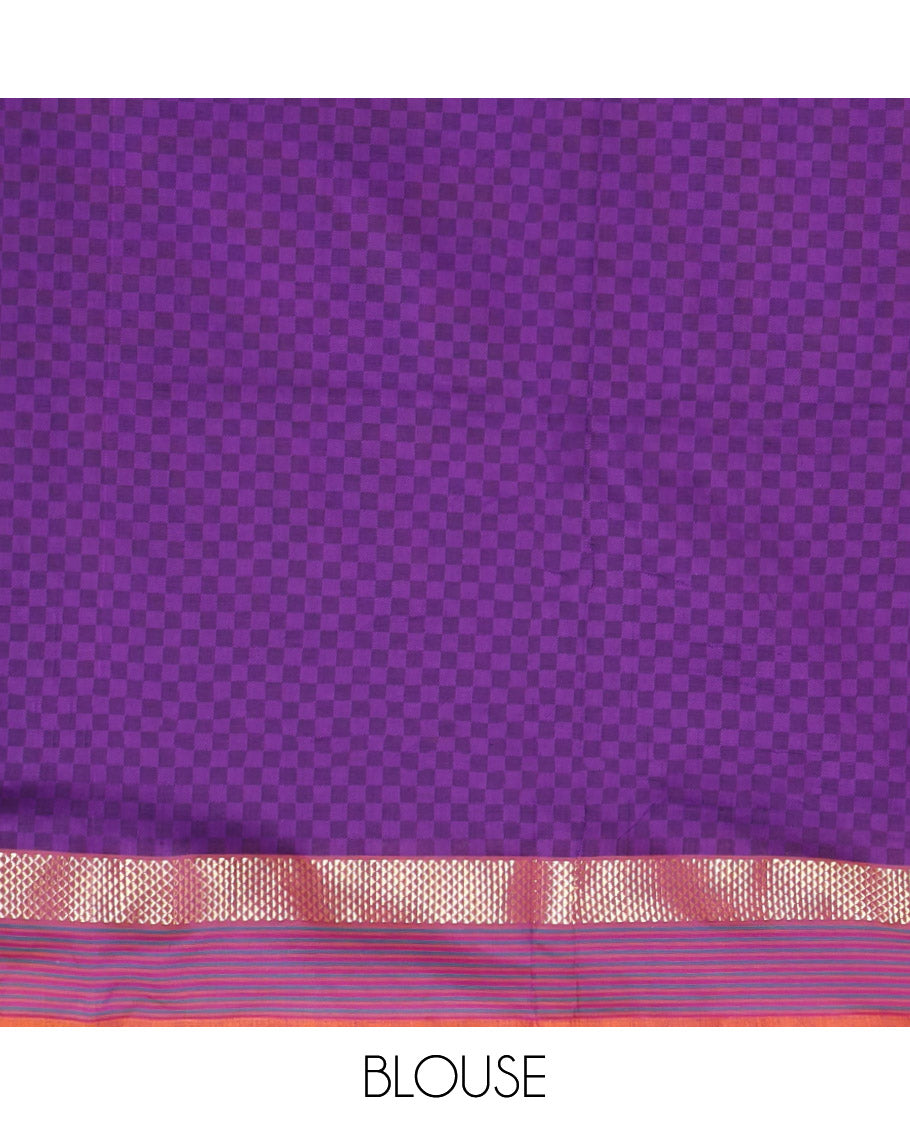 Brown Checked Poly Cotton Saree, Complemented by a Contrast Zari Border, Contrast Striped Pallu, and Paired with a Contrast Blouse