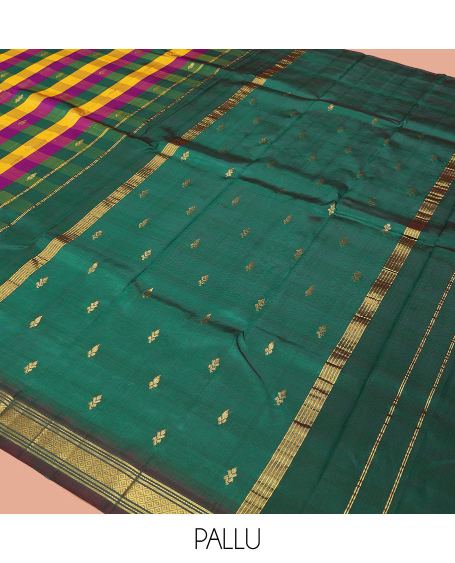 Multi-Color Kanchipuram Silk Saree, Elevated with Paazhum Palamum Checks and Zari Buttas, a Traditional One-Sided Border, Zari-Woven Pallu, and No Blouse