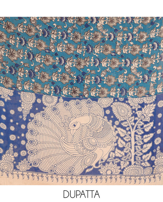 Chikku-Blue Cotton Material Chudidar, Kalamkari Print Skirt, Contrast Bottom, Kalamkari Print Dhavani