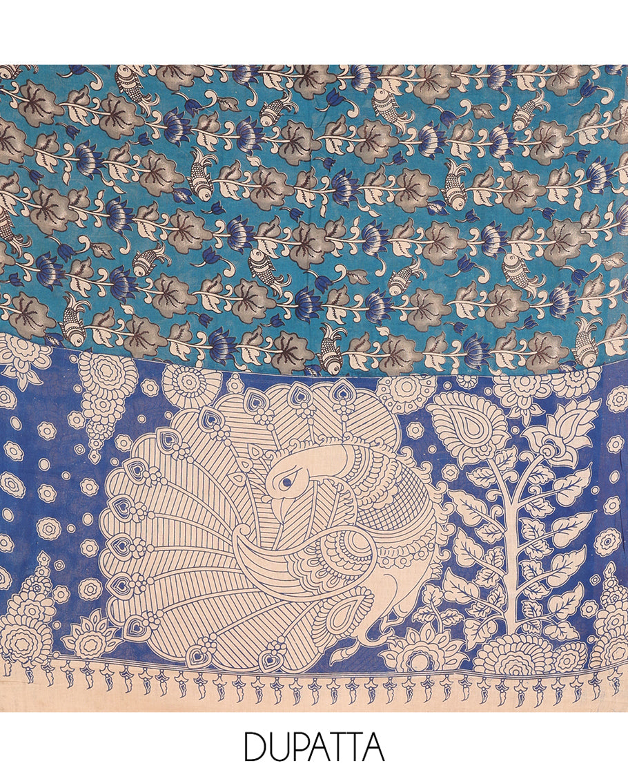 Chikku-Blue Cotton Material Chudidar, Kalamkari Print Skirt, Contrast Bottom, Kalamkari Print Dhavani