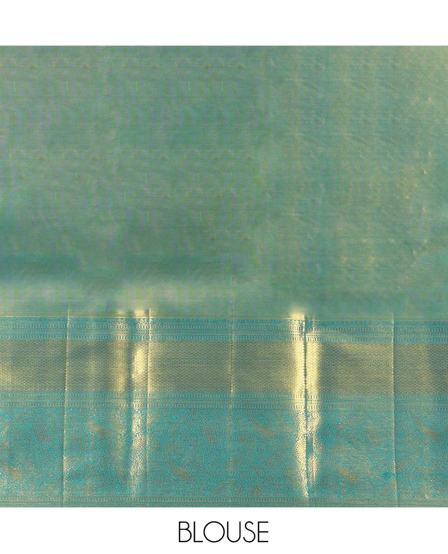Blue Kanchipuram Silk Saree, Elegantly Highlighted with Zari Jacquard Design All Over Its Body, Highlighted by a Zari Border of Thilakam Mokku, Muthu, Mayil Kann, and Manga Designs, and Pallu of Mughal-Style Designs, and Paired with a Matching Blouse