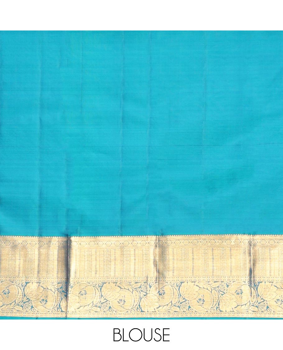 Blue Kanchipuram Wedding Silk Saree, Richly Detailed with Jacquard Design, a Zari Border of Rekku, Kathir, Laddu Kamalam, and Kodi Visiry, Grand Pallu, and a Matching Blouse