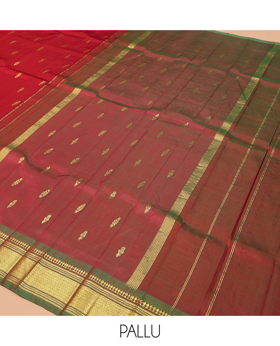 Maroon Zari Buttas Kanchipuram Silk Saree, Complemented by a Contrast One-Sided Border of Panner Sombu, Banaras, Muthu, and Jaal Designs, Zari Design Pallu, and a No Blouse