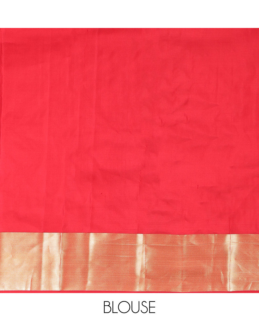 Red Vasundhara Silk Saree, Gleamed Up with Zari Checks, Highlighted by a Traditional Zari Border, Grand Intricate Pallu, and a Matching Blouse