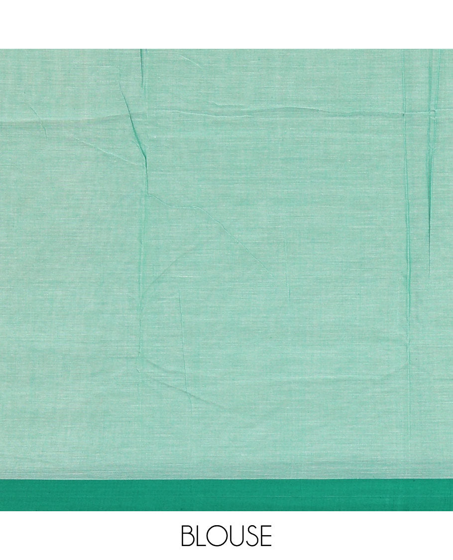 Cream-green plain mercerised cotton saree,contrast plain  border, striped pallu, and a contrast plain blouse