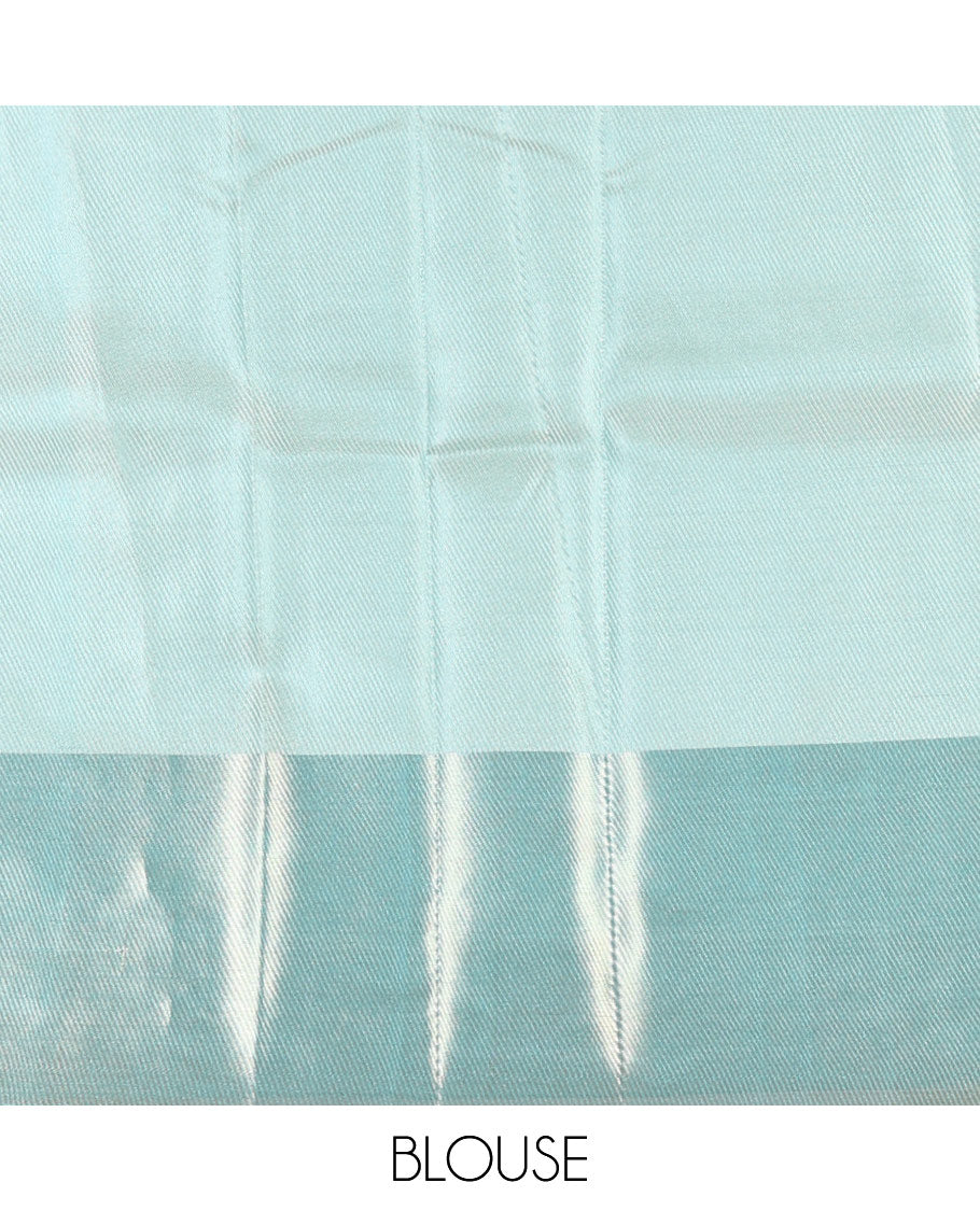 Sea green floral jaal jacquard celebrity tissue saree, zari border of multi-color floral motifs embroidery, jaal pallu & brocade blouse