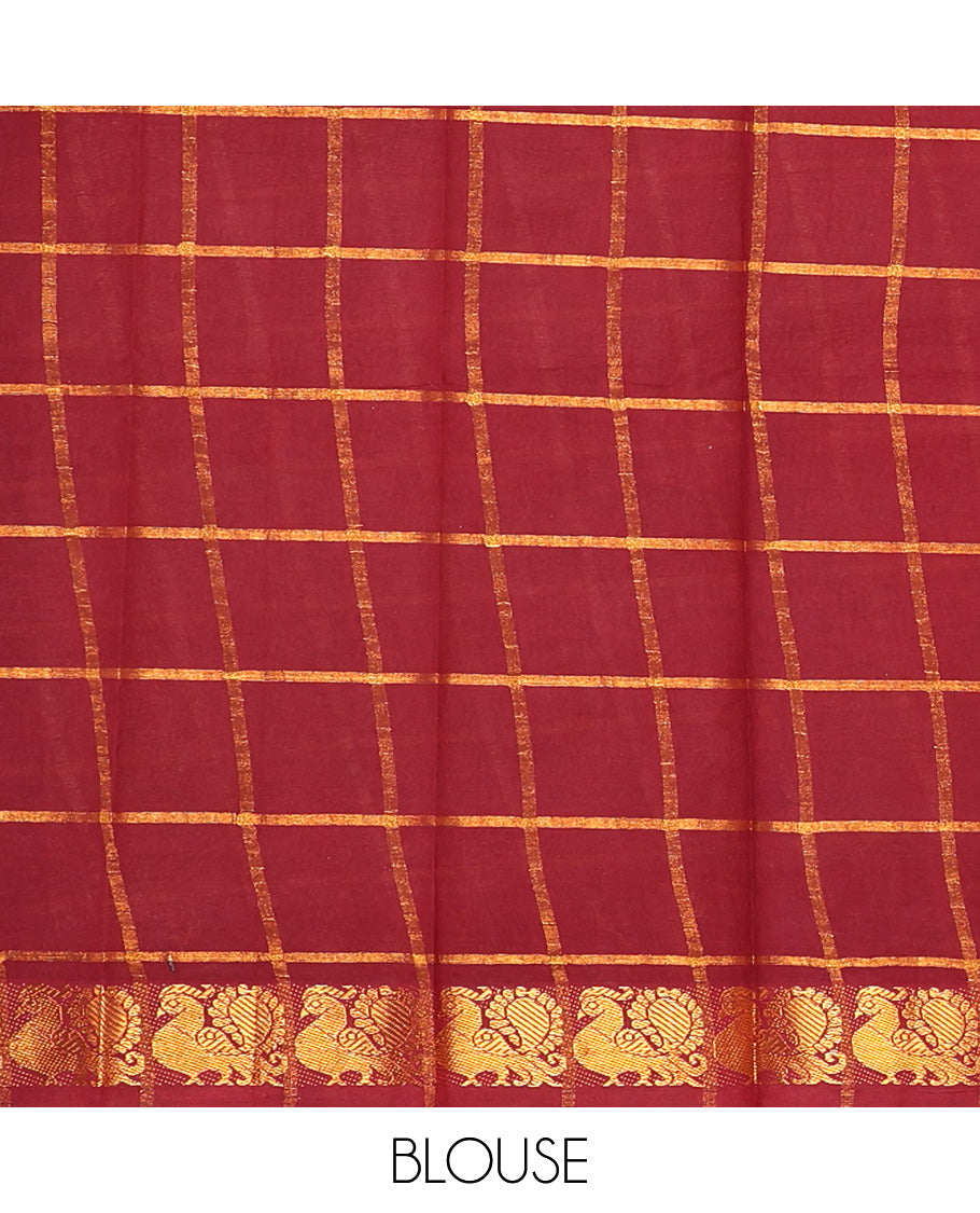 Black Sungudi Cotton Saree, Gleamed up with Zari Checks on Its Body, Complemented by a Contrast Peacock Motifs Woven Zari Border, Zari-Checked Pallu, and Paired with a Contrast Blouse