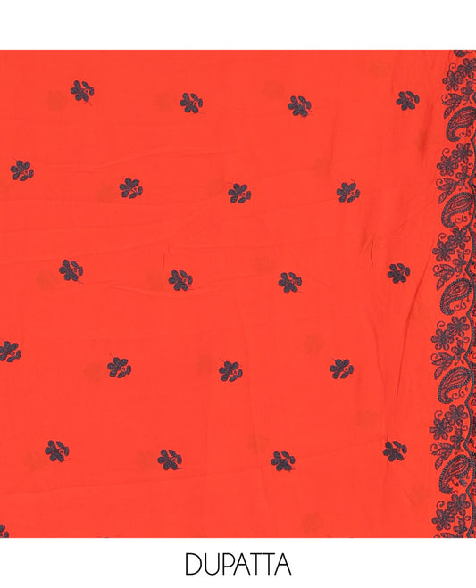 Rust-Black Georgette Material Churidar Features Floral-Paisley Embroidery Top, a American Crepe Bottom, a Scallop Embroidered Dupatta