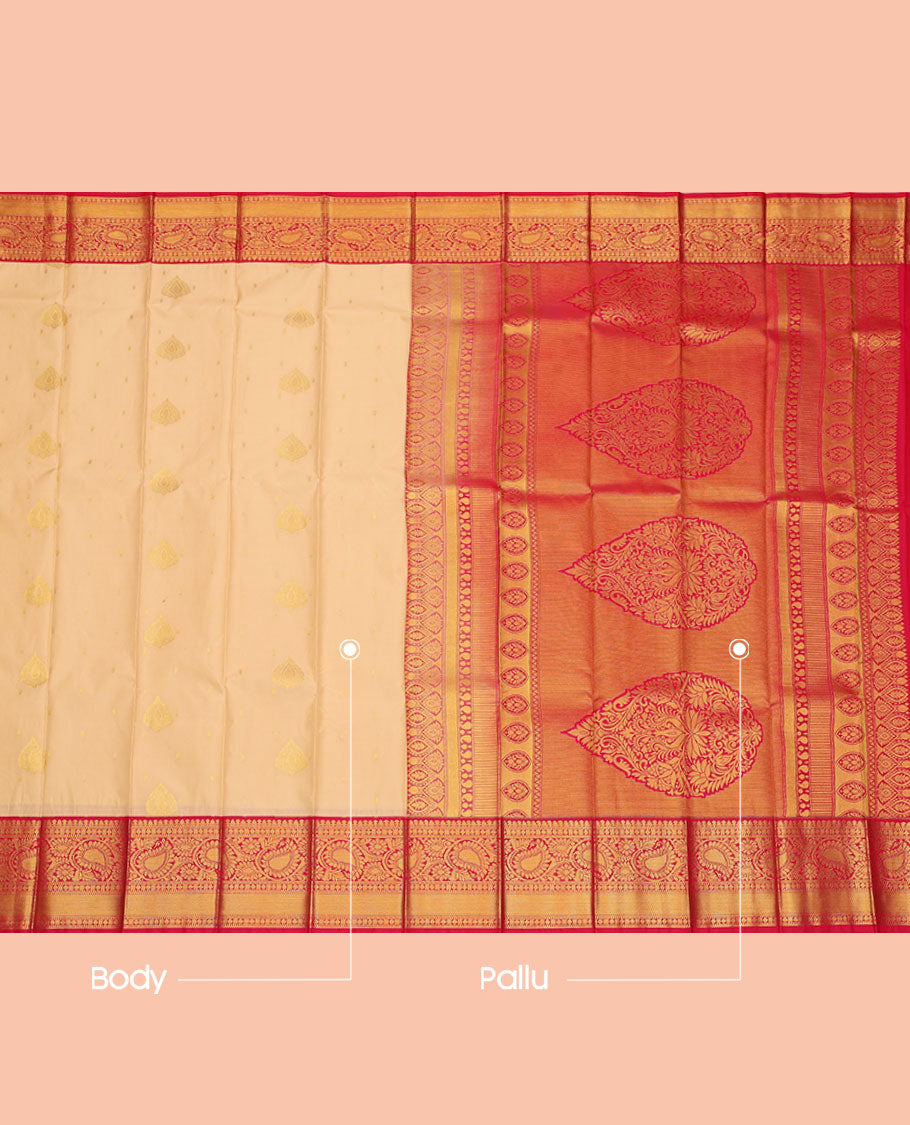 Sandal Budget Silk Saree, Subtly Sparkled with Zari Buttas, Complemented by a Contrast Traditional Border, Intricate Pallu, and a Contrast Blouse