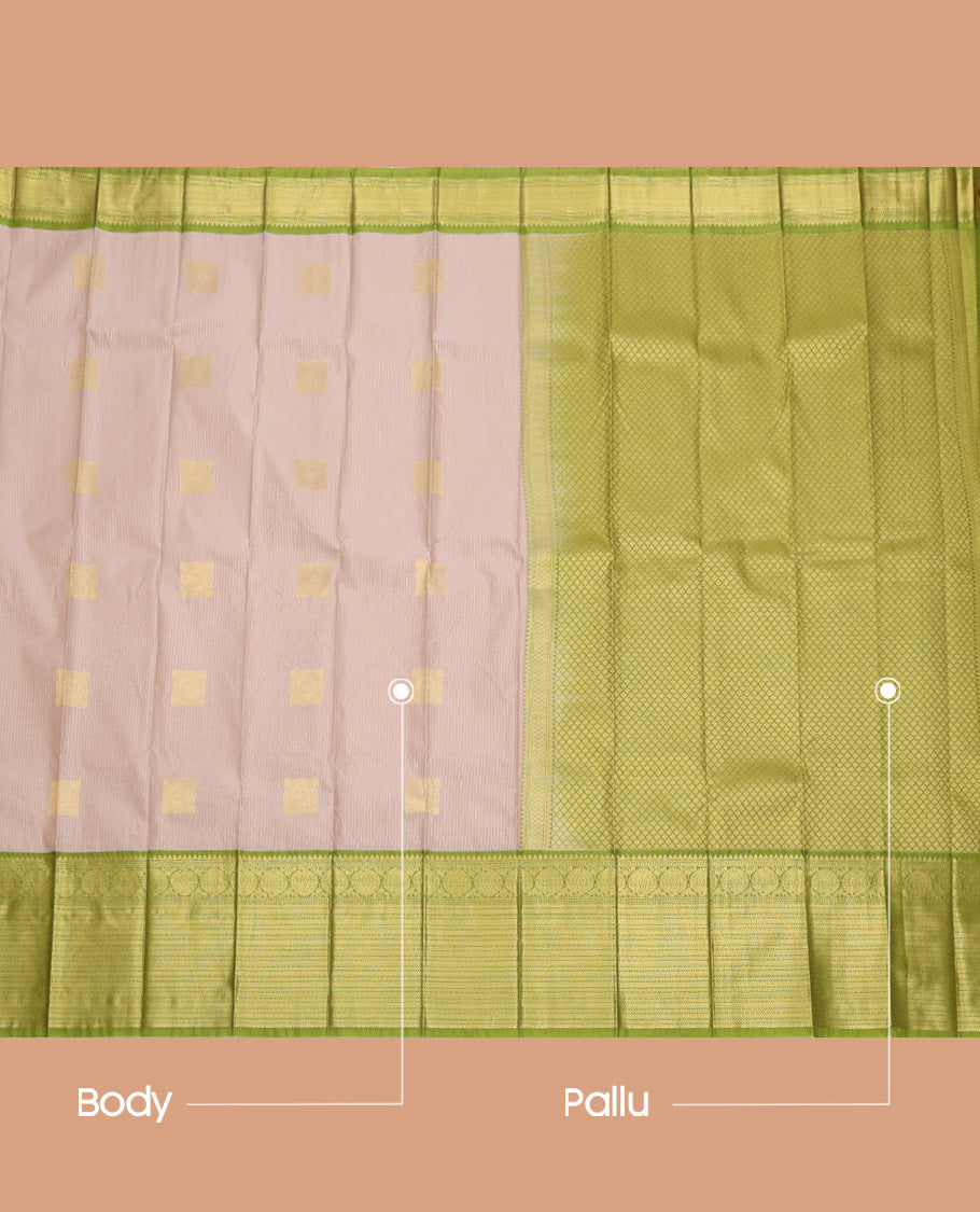 Grey Budget Silk Saree, Sparsely Threaded with Zari Buttas and Stripes, Complemented by a Contrast Traditional Zari Border, Jaal Pallu, and Contrast Blouse