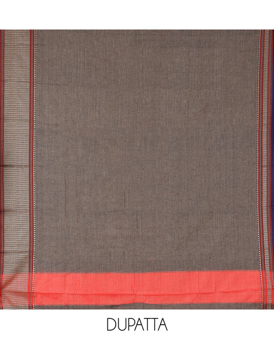 Dark Chikku Mercerised Cotton Material Churidar Features Plain Top, Contrast Traditional Thread Border, Plain Bottom, Matching Dupatta