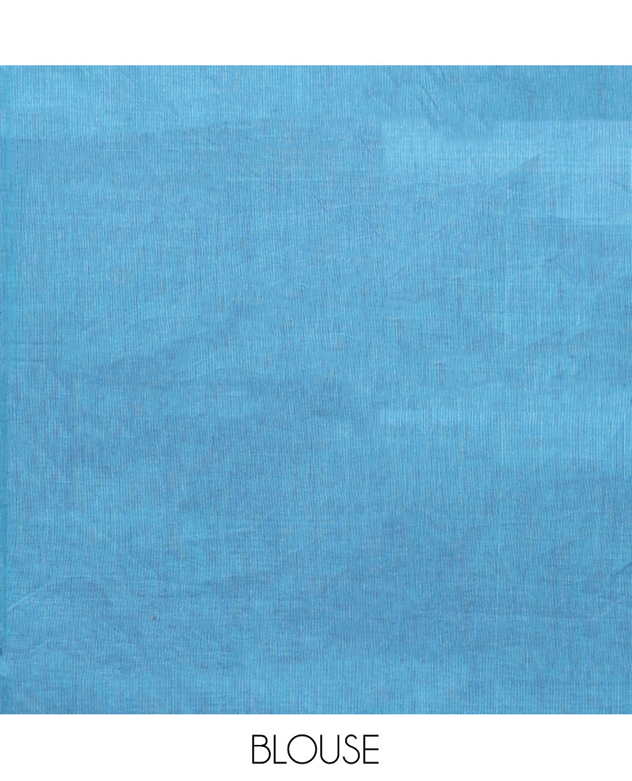 Blue Plain Chettinad Cotton Saree, Captivating by a Contrast Traditional Zari Design Woven Temple Border, Pallu of Stripes, and Paired with a Matching Blouse