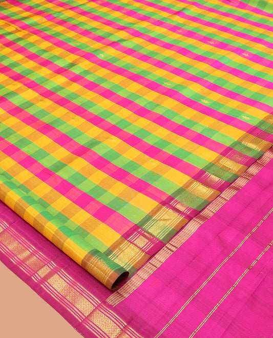 Multi-Color Palum Pazhamum Checked Kanchipuram Silk Saree, a Zari Border of Banaras, Muthu, and Mayil Kann Design, Pallu of Zari Design, and No Blouse