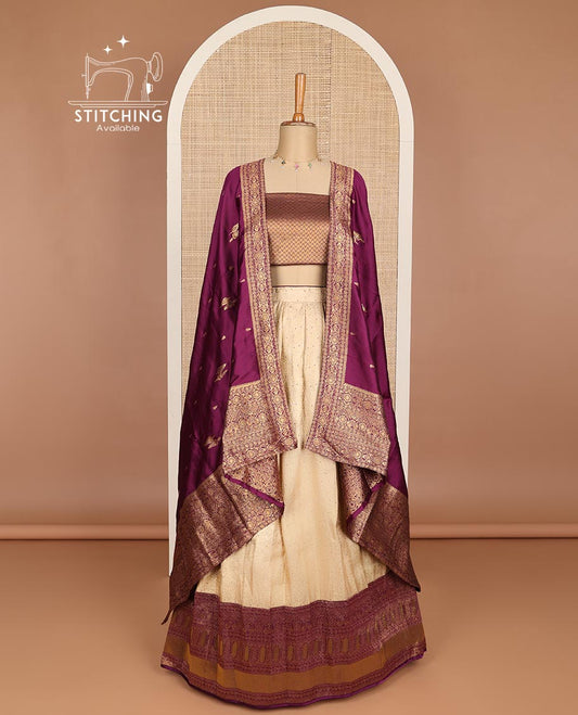 Cream jaal design art silk half saree with contrast zari design border, zari design blouse & intricate floral zari design dhavani