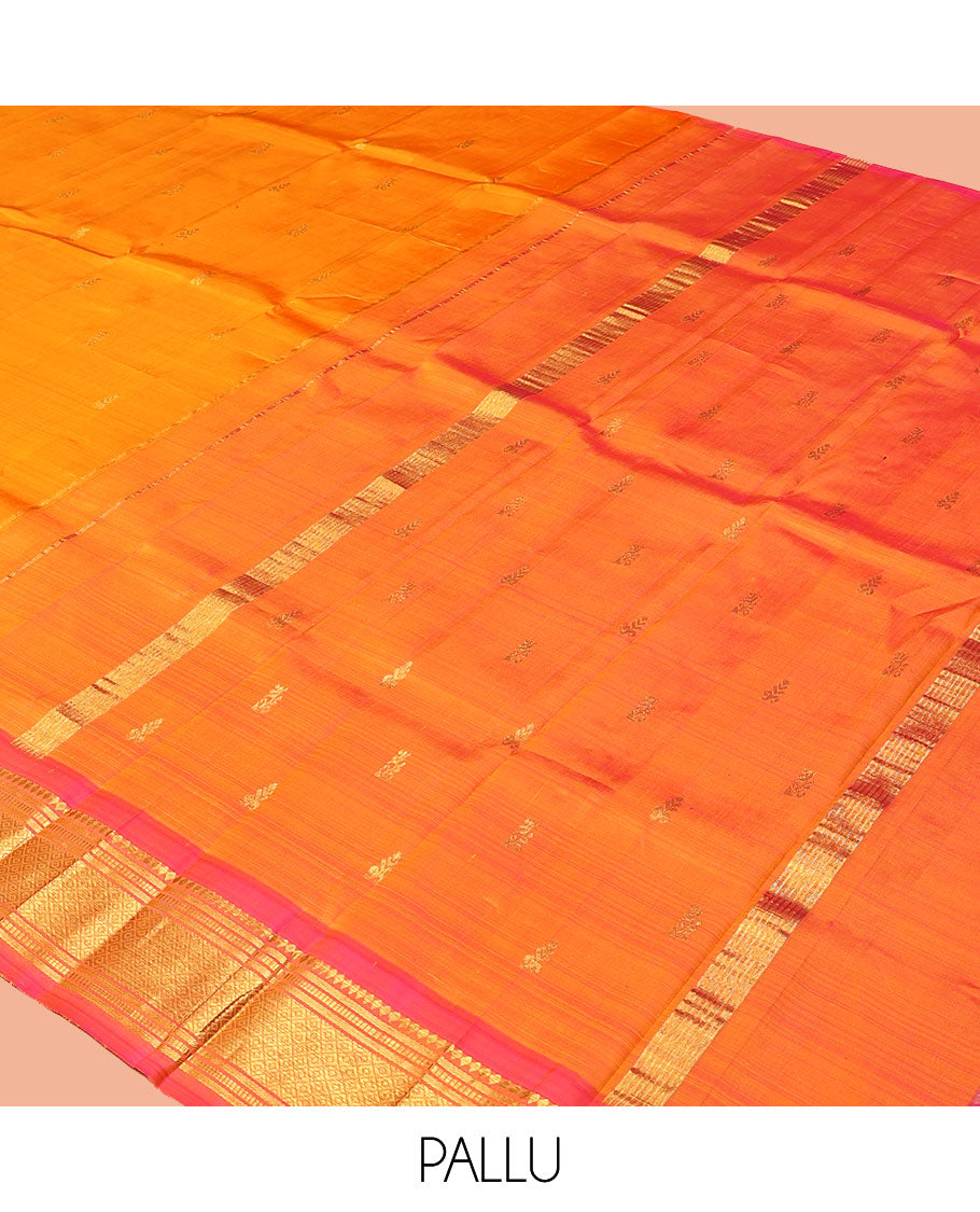 Orange Kanchipuram Silk Saree, Woven with Zari Buttas, a Contrast One-Sided Border of Banaras, Muthu, and Mayil Kann Designs, a Zari Design Pallu, and No Blouse