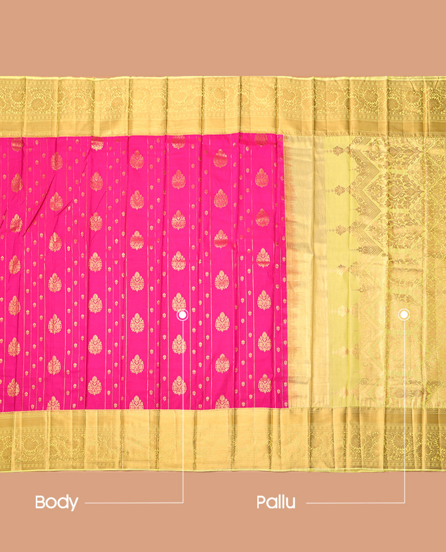 Pink Budget Silk Saree, Embellished with Zari Buttas and Stripes, Complemented by a Contrast Traditional Zari Border, Sparsely Woven Pallu, and a Contrast Blouse