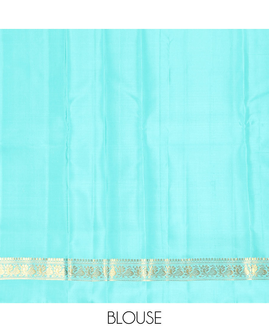 Off-White Kanchipuram Silk Saree, Accentuated with Micro-Checked Design All Over Its Body, Complemented by Contrast Kal Erangina Border of Thilakam Mokku, Banaras, Muthu, and Mayil Designs, Subtly Zari Striped Pallu, and Paired with a Contrast Blouse