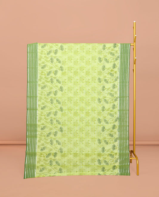 Green Chirala Cotton Saree, Bedecked with Swan and Floral Print, Contrast Striped Border, Floral Printed Pallu, and a Matching Blouse