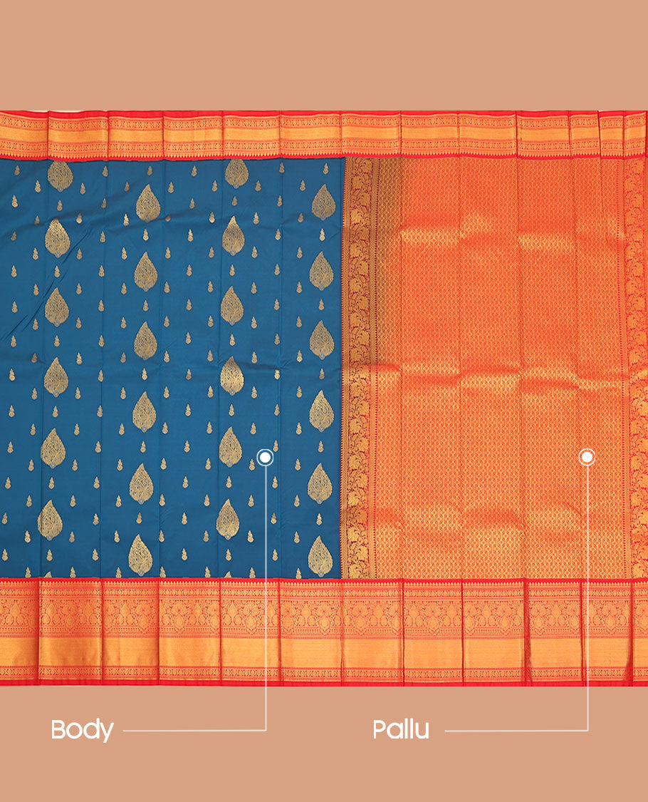 Blue Budget Silk Saree, Gracefully Embellished with Zari Buttas All Over Its Body, Complemented by a Contrast Traditional Zari Design Border, Grand Jaal Pallu, and Paired with a Contrast Blouse